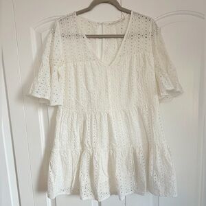 White Eyelet Babydoll Mini Dress Boho Cottagecore Pockets Size S